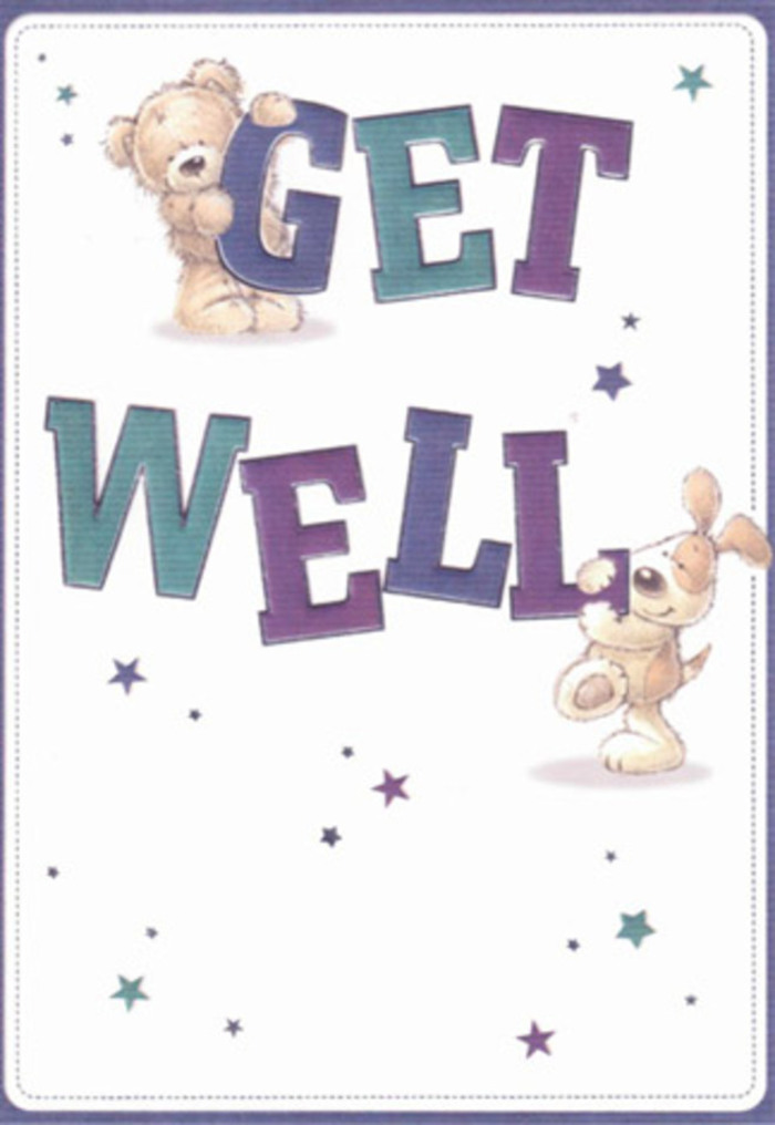 Celebrating friendship and healing, this get well card springs to life with the gleeful antics of a teddy bear and a floppy-eared puppy, each joyfully interacting with bold purple and aquamarine lettering. The big, playful letters-'Get Well'-anchor the design in unwavering optimism, echoed by the twinkling stars that dance above and between the furry friends. There's a palpable warmth in the meticulous textures: the soft, tufted fur of the bear and the puppy's velvet-like ears almost beckon touch, conjuring the comforting presence you feel from a thoughtfully made bouquet. The scene reminds me of the supportive, neighbourly spirit that fills Chase Cross-whether passing greetings along Grove Road or sharing kindness through a delivery from Flowers Chase Cross. The playful energy of the composition, combined with its gentle palette, infuses hope and reassurance, lifting the mood like sunlight through a quiet morning window. The background's creamy white clarity allows every colourful element to sing, casting each star and bold curve in crisp relief. As a florist, I see the same heartfelt care in this card's details as in the assembling of blooms designed to buoy a loved one's spirits. The result is a union of innocence and encouragement, a visual melody that resonates long after the card is received-perfect for sending a ray of comfort to someone recovering in our close-knit Chase Cross community.